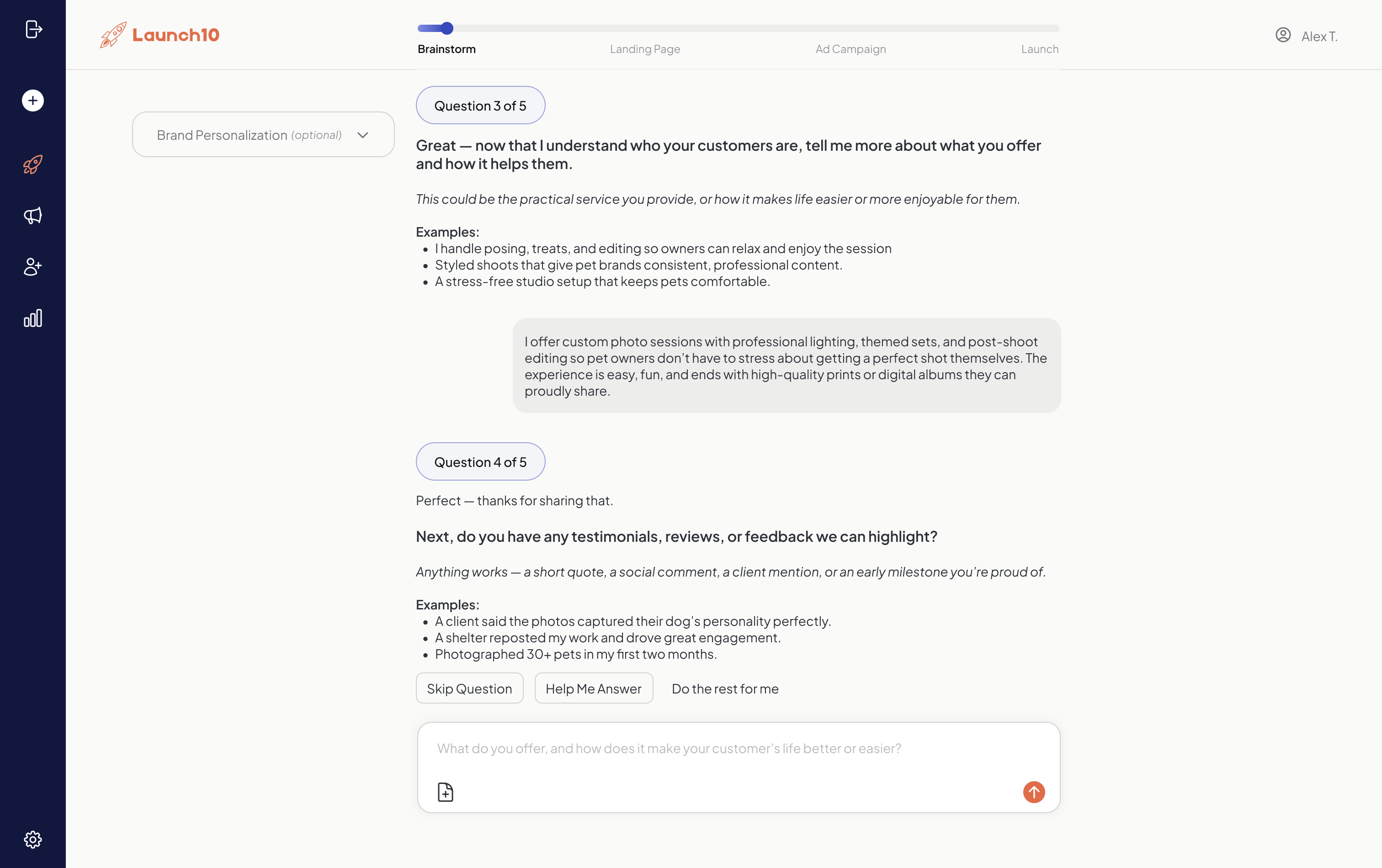 Launch10 brainstorm flow asking about your business and customers