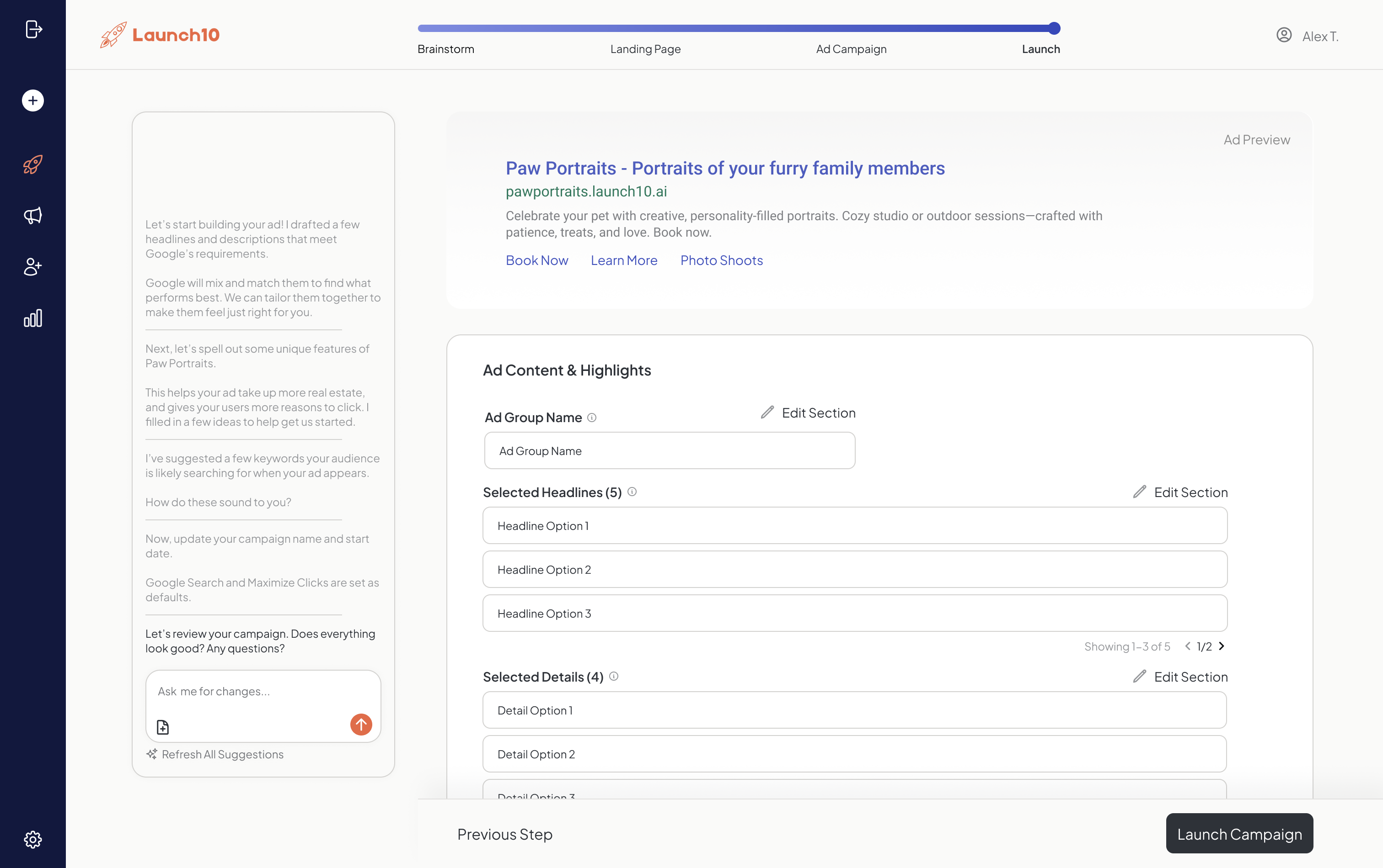 Launch10 campaign review with ad preview, headlines, and launch button